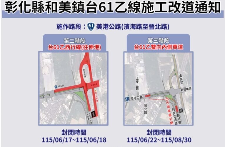大肚和美橋工程進入關鍵期　台61乙西行線與濱海路17日至18日封閉施工